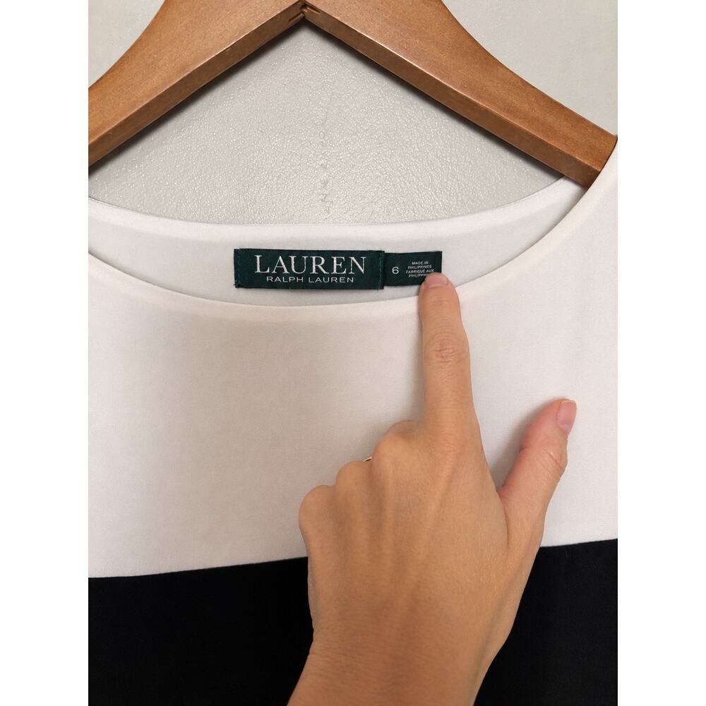Ralph Lauren Silky Black & White Fitted Dress Size 6 Side Slit Classic Money LBD - Picture 2 of 3